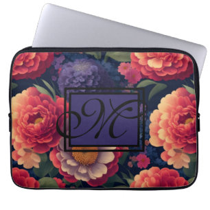 Funda Para Portátil Elegante monograma romántico floral naranja rojo