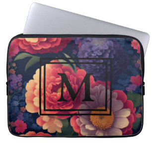 Funda Para Portátil Elegante monograma romántico floral naranja rojo