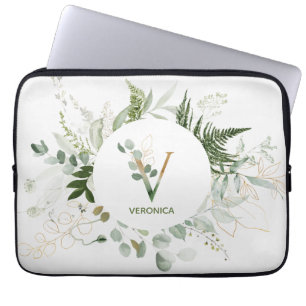 Funda Para Portátil Elegante Monograma V Manga de portátil Wreath Verd