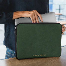 Funda Para Portátil Elegante nombre de cuero verde oscuro y tipografía