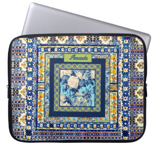 Funda Para Portátil Elegante nota monograma de cerámica azul de azulej