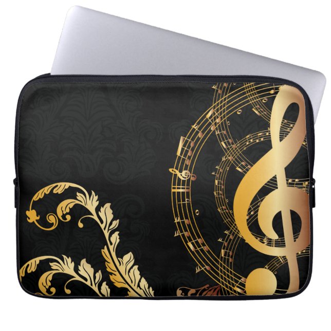 Funda Para Portátil Elegante nota musical de oro negro (Frente)