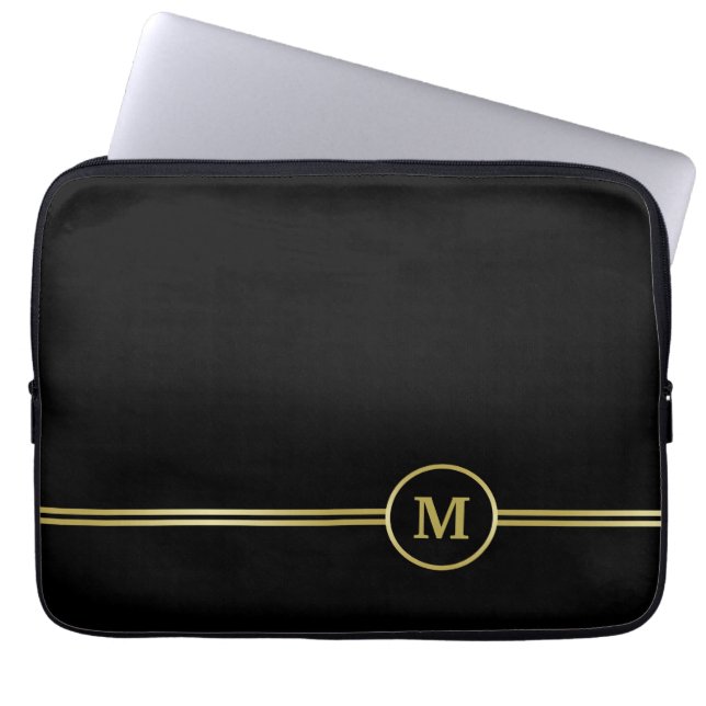 Funda Para Portátil Elegante oro Monograma personalizado sobre negro (Frente)