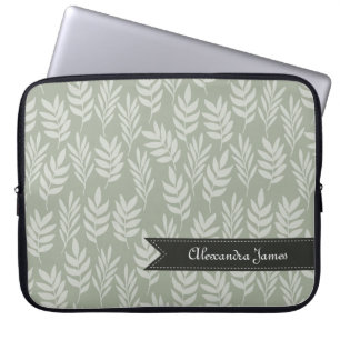 Funda Para Portátil Elegante Patrón De Hojas Verdes Sage Con Nombre