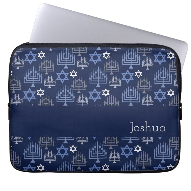 Funda Para Portátil Elegante patrón Hanukkah Menorah Blue Holiday (Frente)