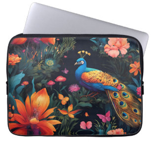 Funda Para Portátil Elegante pavo real azul y oro en jardín rosa