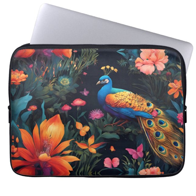 Funda Para Portátil Elegante pavo real azul y oro en jardín rosa (Frente)