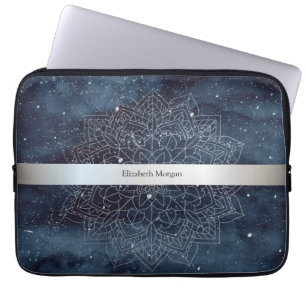 Funda Para Portátil Elegante plata moderna Mandala Stripe Navy azul