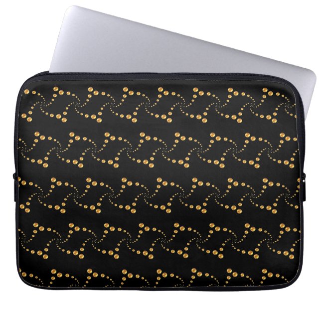 Funda Para Portátil Elegante polka dorada giratoria sobre negro (Frente)