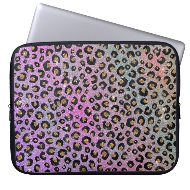 Funda Para Portátil Elegante Purpurina rosa azul dorado Leopardo negro (Frente)