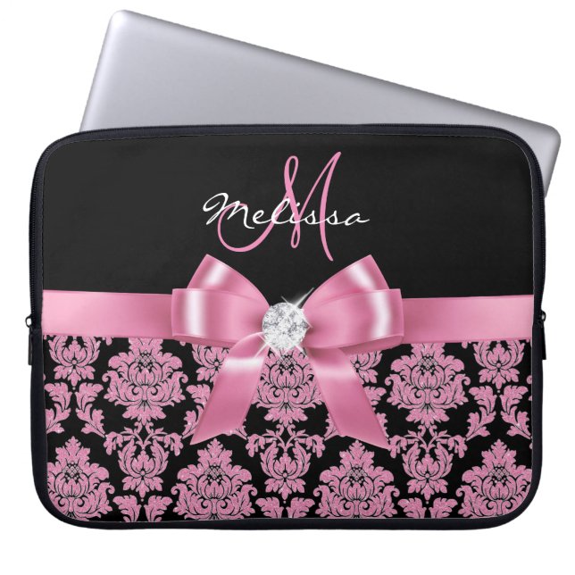 Funda Para Portátil Elegante, purpurina rosa negro Damasco, Bow, Monog (Frente)