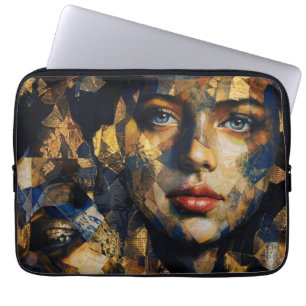 Funda Para Portátil Elegante retrato de mujer en mosaico dorado y azul