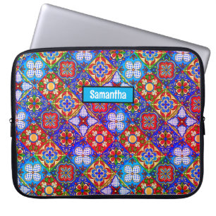 Funda Para Portátil Elegante talavera mexicana azulejos púrpura azul r