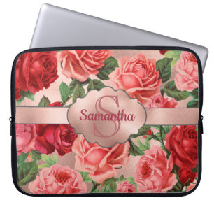 Funda Para Portátil Elegante Vintage Roses Roses Rojos Floral Monogram
