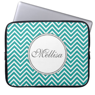 Funda Para Portátil Elegante zigzag de chevron en azul verde y blanco