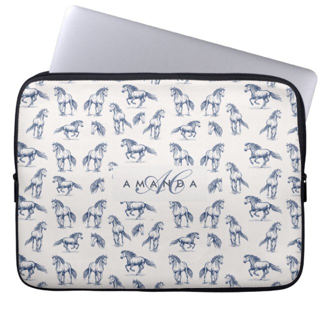 Funda Para Portátil Elegantes Caballos Azules Monogramados Regalos Ini (Frente)