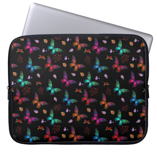 Funda Para Portátil Elegantes mariposas coloridas sobre negro (Frente)
