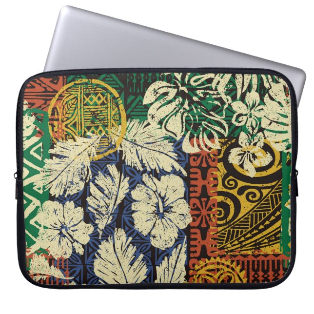 Funda Para Portátil Elementos tribales hawaianos y parche de tela hibi (Frente)
