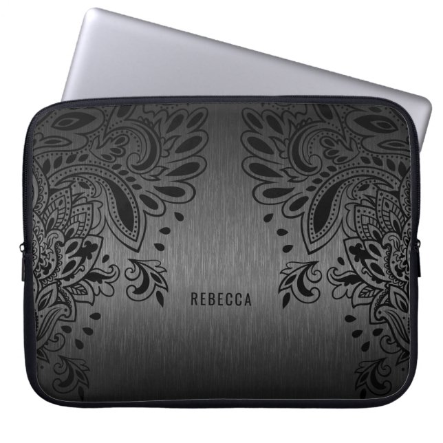 Funda Para Portátil Encaje negro y fondo metálico negro (Frente)