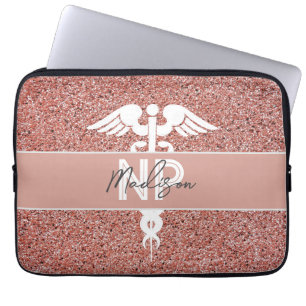 Funda Para Portátil Enfermera practicante Purpurina rosa Caduceus Mono