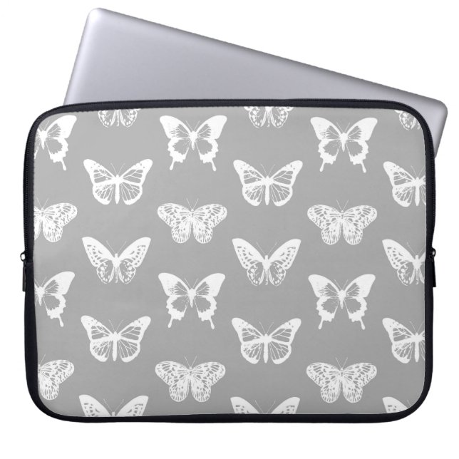 Funda Para Portátil Esbozo de mariposa, gris plateado y blanco (Frente)