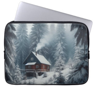 Funda Para Portátil Escena de cabaña de invierno con nieve y pinos