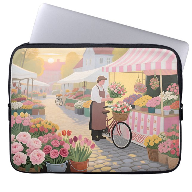 Funda Para Portátil Escena de calle de flores soleadas (Frente)
