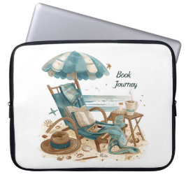 FUNDA PARA PORTÁTIL ESCENA DE PLAYA PACÍFICA CON LIBROS SILLA MANTAS