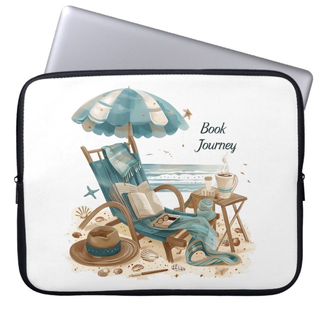 FUNDA PARA PORTÁTIL ESCENA DE PLAYA PACÍFICA CON LIBROS SILLA MANTAS (Frente)