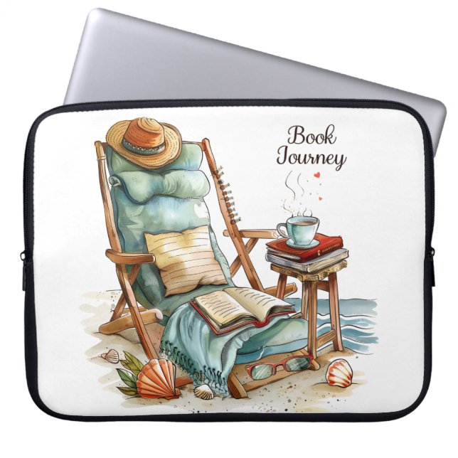 FUNDA PARA PORTÁTIL ESCENA DE PLAYA PACÍFICA CON LIBROS SILLA MANTAS (Frente)