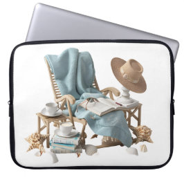 FUNDA PARA PORTÁTIL ESCENA DE PLAYA PACÍFICA CON LIBROS SILLA MANTAS