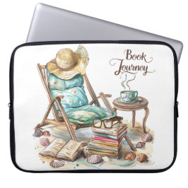 FUNDA PARA PORTÁTIL ESCENA DE PLAYA PACÍFICA CON LIBROS SILLA MANTAS