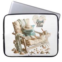 FUNDA PARA PORTÁTIL ESCENA DE PLAYA PACÍFICA CON LIBROS SILLA MANTAS