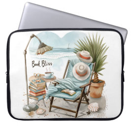 FUNDA PARA PORTÁTIL ESCENA DE PLAYA PACÍFICA CON LIBROS SILLA MANTAS