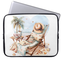 FUNDA PARA PORTÁTIL ESCENA DE PLAYA PACÍFICA CON LIBROS SILLA MANTAS