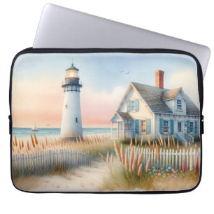 Funda Para Portátil Escena en acuarela de faro y cabaña junto al mar