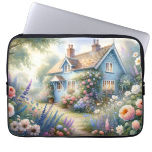 Funda Para Portátil Escena floral de casa azul de jardín de cottage pa