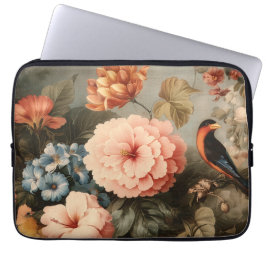 Funda Para Portátil Escena Floral y de Aves Vintage Vibrante