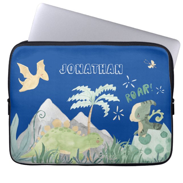 Funda Para Portátil Escuela Azul de Dinosaurio (Frente)