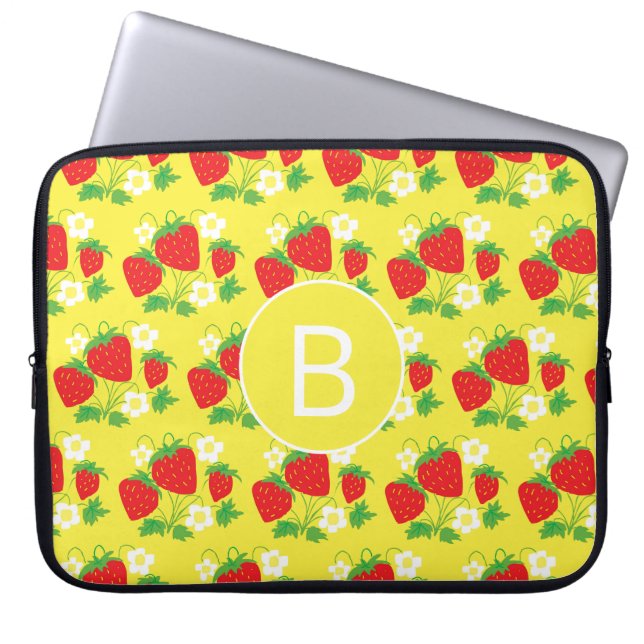 Funda Para Portátil Estampado Amarillo de Fresa y Flor Monogramado (Frente)