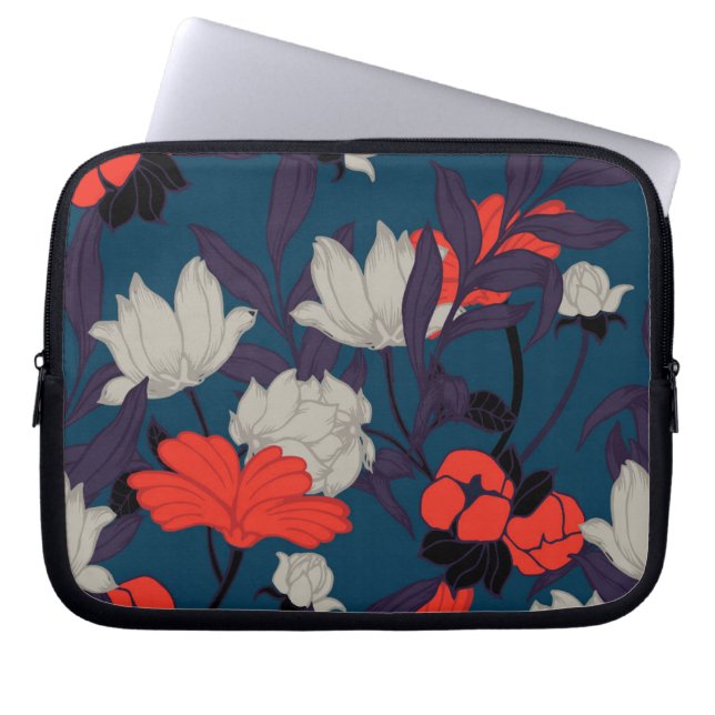 Funda Para Portátil Estampado de flores azul y rojo elegante (Frente)