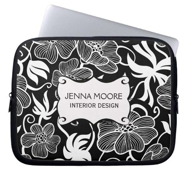 Funda Para Portátil Estampado de flores blanco y negro elegante (Frente)
