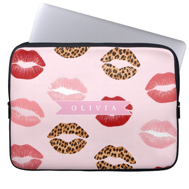 Funda Para Portátil Estampado de labios con patrón de leopardo rosa ch (Frente)