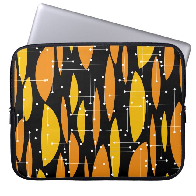 Funda Para Portátil Estilo atómico, patrón geométrico naranja negro. (Frente)
