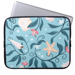 Funda Para Portátil estrella de mar naranja y blanca, varias conchas e
