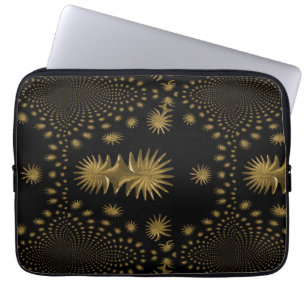 Funda Para Portátil estrellas doradas fractales, fondo negro