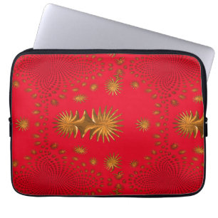 Funda Para Portátil estrellas doradas fractales, fondo rojo
