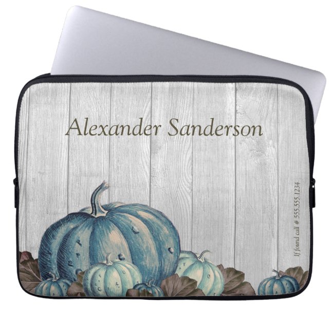 Funda Para Portátil  Fall Blue Pumpkin Rustic Cute Gray Wood (Frente)