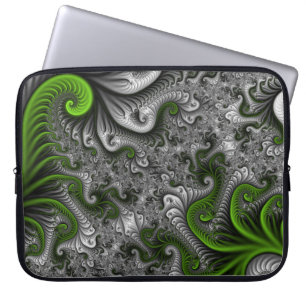 Funda Para Portátil Fantasía Mundo Arte Fractal Verde Y Gris Resumen