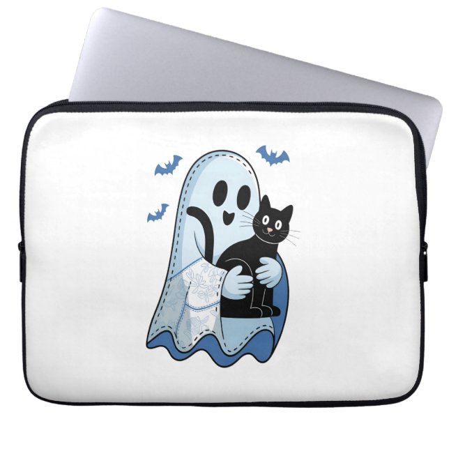 Funda Para Portátil Fantasma de Denim Azul y Gato de Halloween (Frente)